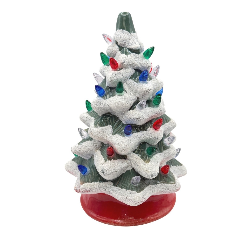 Ceramic Mold Light Up Flocked Christmas Tree Green Red 10.5 inch